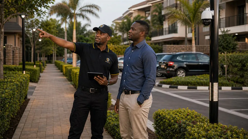 Sky Eye consultant reviewing estate lighting and visibility for CPTED planning
