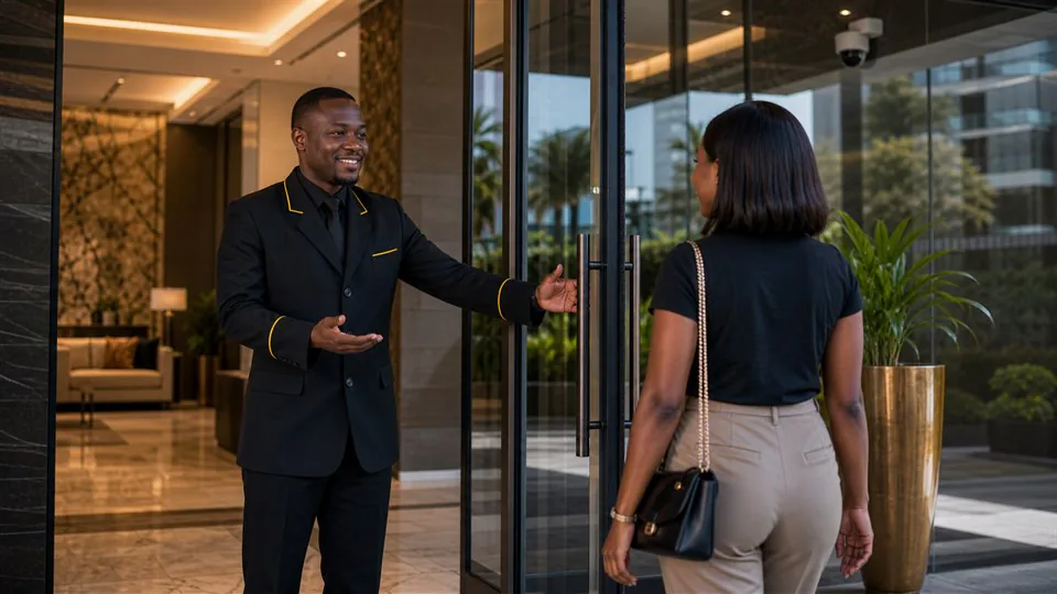 Sky Eye doorman concierge welcoming a resident at a lobby entrance