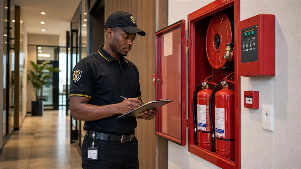 Sky Eye fire safety guard inspecting emergency equipment