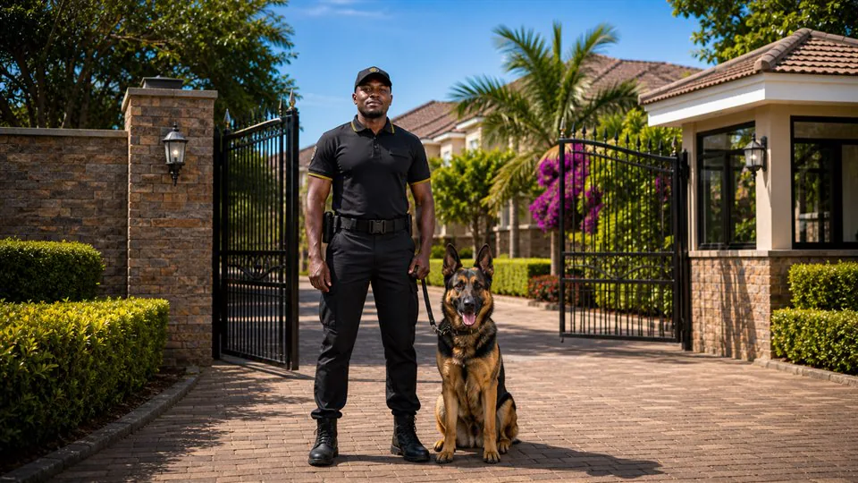 Sky Eye security guard and K9 unit at a residential estate gate