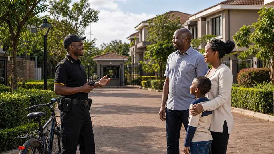 Sky Eye officer speaking with residents during a neighborhood watch patrol