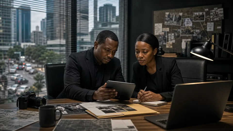 Sky Eye private investigators reviewing case material in an office