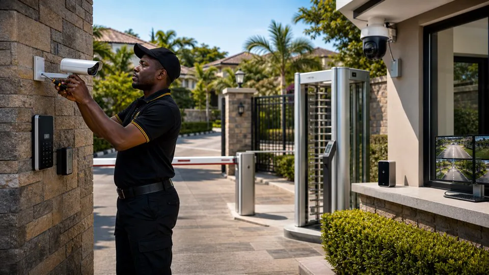 Sky Eye technician inspecting CCTV and access control equipment